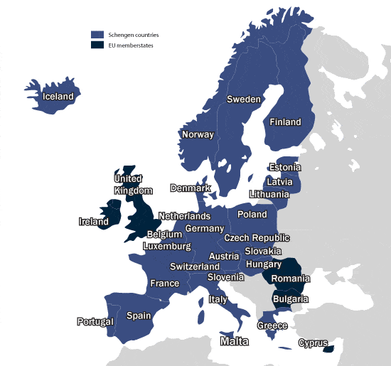 Карта Шенгенской зоны